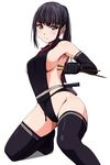  black_hair black_legwear blush breasts eyebrows_visible_through_hair highres holding holding_weapon knitting_needle long_hair looking_at_viewer matsunaga_kouyou medium_breasts needle ninja original sideboob simple_background solo thighhighs weapon white_background 