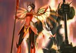  1girl alternate_costume armor black_eyes black_hair bodysuit breasts dark_persona demon_horns devil_mercy earrings ears facial_mark faulds forehead_mark full_armor gameplay_mechanics glowing glowing_wings hammer high_ponytail holding holding_staff horns jewelry lips long_hair looking_afar looking_away looking_down mechanical_wings medium_breasts mercy_(overwatch) murasaki_hiroshi nose one_knee orange_wings outstretched_arm outstretched_hand overwatch reinhardt_(overwatch) resurrection spread_wings staff tail weapon wings 