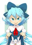  aqua_eyes blue_dress blue_hair blush cirno commentary_request daitai_konna_kanji dress dress_lift hair_ribbon ice ice_wings looking_at_viewer puffy_sleeves ribbon short_hair short_sleeves smile solo tongue tongue_out touhou upper_body wings 