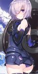  arm_guards armor armored_dress artist_name ass black_dress black_gloves black_legwear blue_sky blush breasts closed_eyes closed_mouth cloud cowboy_shot day dress elbow_gloves eyebrows eyebrows_visible_through_hair fate/grand_order fate_(series) from_behind gloves hand_on_own_chest holding large_breasts looking_at_viewer looking_back mash_kyrielight mika_pikazo panties pink_hair purple_panties shield short_hair skindentation sky smile solo standing thighhighs underwear 