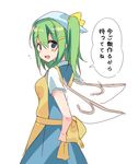  ahoge apron ascot bandana blue_eyes blush bow daiyousei fairy_wings flying_sweatdrops fujishiro_emyu green_hair hair_bow hair_ornament hairpin long_sleeves looking_back open_mouth side_ponytail solo touhou translated wide_sleeves wings 