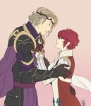  1girl 2016 armor blonde_hair cape circlet fire_emblem fire_emblem_if gloves half_gloves hand_on_hip hetero hinoka_(fire_emblem_if) imminent_kiss looking_at_another marks_(fire_emblem_if) parted_lips pink_background red_gloves red_hair short_hair sideburns signature simple_background ticcy upper_body wavy_hair 