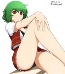  2016 bangs bare_legs black_bra black_panties bra breasts closed_mouth dated eyebrows eyebrows_visible_through_hair fingernails frilled_skirt frilled_sleeves frills green_hair hand_on_own_knee kazami_yuuka lace lace-trimmed_bra looking_at_viewer mattari_yufi medium_breasts miniskirt open_clothes open_vest outstretched_arm panties pantyshot pantyshot_(sitting) plaid plaid_skirt plaid_vest puffy_short_sleeves puffy_sleeves red_eyes red_skirt red_vest shirt short_hair short_sleeves sitting skirt smile solo touhou twitter_username underwear upskirt vest white_background white_shirt 