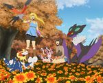 3girls armband blonde_hair blue_sky boots brown_footwear brown_hair cat cloud danzilla day fennekin flower forest gen_6_pokemon jewelry knee_boots looking_at_another looking_up meowstic multiple_girls nature necklace noivern pokemon pokemon_(creature) pumpkaboo ribbed_sweater short_hair sitting sky sweater sylveon talonflame tree wind 