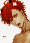  1boy blood collarbone eyelashes flower green_eyes hair_flower hairpin horns lips looking_at_viewer male_focus open_mouth original red_hair renos scratches shirtless simple_background solo spiked_hair teeth tongue tongue_out upper_body white_background 