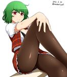  2016 bangs bare_arms black_bra bra breasts brown_legwear closed_mouth dated eyebrows eyebrows_visible_through_hair eyelashes fingernails frilled_skirt frilled_sleeves frills green_hair hand_on_own_knee kazami_yuuka lace lace-trimmed_bra looking_at_viewer mattari_yufi medium_breasts miniskirt open_clothes open_vest outstretched_arm pantyhose plaid plaid_skirt plaid_vest puffy_short_sleeves puffy_sleeves red_eyes red_skirt red_vest shiny shiny_clothes shirt short_hair short_sleeves sitting skirt skirt_set smile solo spread_wings touhou twitter_username underwear upskirt vest white_background white_shirt 