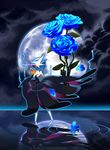  blue_flower blue_rose flower gardevoir gen_3_pokemon highres mega_gardevoir mega_pokemon moon night night_sky no_humans petals pokemon pokemon_(creature) reflection rose shiny_pokemon sky solo standing standing_on_liquid tm_(hanamakisan) 