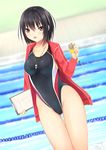  black_hair clipboard competition_swimsuit d: highres jacket kurokami_(kurokaminohito) lane_line one-piece_swimsuit open_mouth open_track_jacket original poolside short_hair solo stopwatch swimsuit track_jacket watch yellow_eyes 