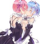  blue_hair breasts cleavage closed_eyes detached_sleeves from_side hair_ornament hair_ribbon incest interlocked_fingers kiss kyouki maid maid_headdress medium_breasts multiple_girls pink_hair profile purple_ribbon ram_(re:zero) re:zero_kara_hajimeru_isekai_seikatsu rem_(re:zero) ribbon short_hair siblings simple_background sisters twincest twins white_background wide_sleeves x_hair_ornament yuri 