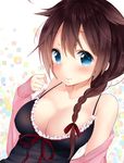  adapted_costume blue_eyes braid breasts brown_hair cleavage hair_flaps hair_over_shoulder kantai_collection large_breasts long_hair looking_at_viewer mintsu_(ichi--kun) remodel_(kantai_collection) ribbon shigure_(kantai_collection) single_braid smile solo 