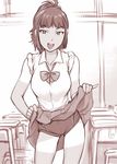  :d bow bowtie classroom commentary_request monochrome open_mouth original school_uniform short_hair shorts shorts_under_skirt sketch skirt skirt_lift sleeves_rolled_up smile solo tan tanline ueyama_michirou 