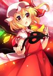  absurdres ascot blonde_hair bow flandre_scarlet hat hat_bow highres laevatein mob_cap moon open_mouth red_eyes red_moon ruhika side_ponytail solo touhou wings 
