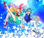  1boy 1girl arm_up blonde_hair blue_background blue_hair bow brother_and_sister dezu dress hairband interlocked_fingers kirahoshi_ciel kirakira_precure_a_la_mode kuroki_rio leg_up long_hair outline pants pikario_(precure) precure puffy_short_sleeves puffy_sleeves red_bow short_sleeves siblings sitting star twins white_outline white_pants 