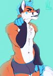 anthro blue_eyes bulge canine clothed clothing dominate_(artist) fox fur male mammal open_mouth simple_background solo teeth topless underwear 