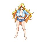  alternate_costume bangs barefoot blonde_hair blue_shirt breasts collarbone covered_nipples cutoffs denim denim_shorts fingernails hand_on_hip hips horn hoshiguma_yuugi huge_breasts legs lips long_hair long_sleeves neck numahana pointy_ears red_eyes shiny shiny_hair shiny_skin shirt shorts sleeves_rolled_up solo thighs toes toned touhou tsurime very_long_hair 