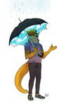  anthro clothed clothing eyewear glasses happylittlecloud male mammal mustelid otter raining simple_background smile solo standing umbrella 