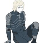  1boy abs androgynous blonde_hair blue_eyes bodysuit elbow_pads flat_color knee_up male_focus metal_gear_(series) metal_gear_solid_2 moroto muscle raiden simple_background sitting solo thighs turtleneck white_background 