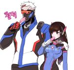  1girl animal_print bodysuit breasts brown_eyes brown_hair bunny bunny_print covered_mouth cowboy_shot d.va_(overwatch) eating face_mask facepaint facial_mark food gloves headphones height_difference high_collar holding ice_cream jacket jellygga long_hair long_sleeves mask medium_breasts mouth_hold overwatch pants pauldrons pilot_suit popsicle red_gloves scar short_hair shoulder_pads simple_background soldier:_76_(overwatch) turtleneck visor whisker_markings white_background white_gloves white_hair you're_doing_it_wrong 