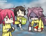  bucket cellphone commentary dated drunk flying_sweatdrops fog gym_shorts hair_ribbon hamu_koutarou i-168_(kantai_collection) jun'you_(kantai_collection) kantai_collection long_hair meta miyuki_(kantai_collection) multiple_girls ocean phone ponytail purple_hair raincoat red_hair ribbon shorts smartphone spiked_hair standing standing_on_liquid sweat translated walking walking_on_liquid 