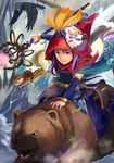  arm_warmers bear belt bird blue_eyes blue_footwear blurry blurry_background chain_chronicle crow highres holding holding_staff hood knife leaf looking_at_viewer mask mask_removed open_mouth original outdoors purple_hair red_hood riding sheath sheathed shoes solo squirrel staff stone syuma_i 
