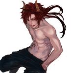  1boy abs collarbone hands_in_pockets horns licking_lips lips long_hair male_focus navel original pants red_eyes red_hair renos sharp_teeth shirtless simple_background solo spiked_hair teeth tongue white_background 