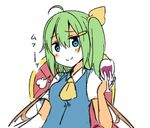  ahoge ascot blue_eyes blush bow cup daiyousei doyagao drinking_glass fairy_wings fujishiro_emyu green_hair hair_bow lowres side_ponytail solo touhou wine_glass wings 