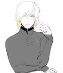  1boy alternate_costume androgynous arm_rest blonde_hair blue_eyes collared_shirt colored_eyelashes eyelashes lips male_focus metal_gear_(series) moroto partially_colored raiden sharp_nails simple_background solo turtleneck upper_body white_background 