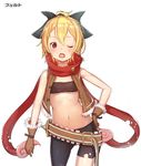  ;o asymmetrical_clothes bandeau bangosu bangs belt black_shorts blonde_hair blush bow braid breasts brown_gloves contrapposto cowboy_shot eyelashes fang felt_(re:zero) fur-trimmed_gloves fur_trim gloves groin hair_between_eyes hair_bow hand_on_hip light_particles looking_at_viewer midriff navel one_eye_closed open_mouth re:zero_kara_hajimeru_isekai_seikatsu red_eyes red_scarf scarf short_hair shorts simple_background sleeveless small_breasts solo standing stomach strapless unbuttoned underboob white_background 