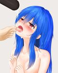  1girl blue_hair blush cum facial hinanawi_tenshi long_hair momo_retasu open_mouth red_eyes tongue tongue_out touhou 