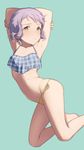  aqua_background armpits arms_up bangs bare_arms bare_legs barefoot bikini blush breasts closed_mouth groin hand_on_own_arm holding_arm idolmaster idolmaster_million_live! kneeling looking_at_viewer makabe_mizuki mimizubare navel plaid pout purple_hair shade short_hair side-tie_bikini sidelocks simple_background sleeveless small_breasts solo stomach swimsuit yellow_eyes 