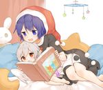 bad_id bad_twitter_id bed blue_eyes blue_hair book child doremy_sweet hat holding holding_book kishin_sagume lying misha_(hoongju) multiple_girls nightcap pillow pom_pom_(clothes) reading red_eyes silver_hair touhou wings younger 