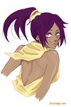  1girl back bare_shoulders bleach dark_skin exposed_shoulders female_only high_ponytail looking_back open_clothes open_mouth purple_hair scarf shihouin_yoruichi slit_pupils tied_hair upper_body yellow_eyes 