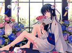  anklet anko_kinako arm_at_side bangs bare_legs barefoot black_hair blue_eyes blue_nails blunt_bangs closed_mouth fan floral_print flower folding_fan from_side hair_flower hair_ornament hair_ribbon hydrangea indoors japanese_clothes jewelry kimono lantern leaf long_hair long_sleeves looking_at_viewer looking_to_the_side md5_mismatch nail_polish original pink_lips plant potted_plant red_ribbon ribbon sash short_kimono sitting smile solo striped striped_kimono tassel toenail_polish transparent very_long_hair white_flower wide_sleeves wind_chime window 
