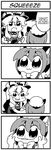  4koma :3 animal_humanoid bkub blush bow cat_humanoid chen comic cute dialogue duo ear_piercing english_text feline female greyscale hair hat humanoid mammal monochrome multi_tail piercing smile speech_bubble text touhou translated yukari_yakumo 