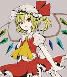  ascot bat_wings blonde_hair bow collar commentary_request crystal egret flandre_scarlet frilled_shirt_collar frilled_skirt frills hat hat_bow hat_ribbon highres mob_cap open_mouth puffy_short_sleeves puffy_sleeves red_eyes ribbon short_sleeves side_ponytail skirt skirt_set solo touhou wings 