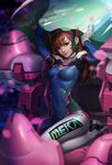  arms_up bangs bodysuit breasts brown_eyes brown_hair cockpit covered_navel d.va_(overwatch) facial_mark gloves headphones looking_at_viewer mecha meka_(overwatch) nose overwatch pilot_suit skin_tight small_breasts smile solo swept_bangs upper_body whisker_markings white_gloves yume_ou 