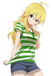  absurdres arm_behind_back bare_shoulders black_bra blonde_hair bra commentary cowboy_shot frilled_shorts frills green_eyes highres hoshii_miki idolmaster idolmaster_(classic) long_hair looking_at_viewer looking_down shirt shorts solo striped striped_shirt underwear white_background yamamoto_souichirou 