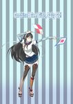  black_hair blue_eyes commentary_request contrapposto glasses hairband hip_vent kantai_collection lace lace-trimmed_thighhighs long_hair ooyodo_(kantai_collection) osterei platform_footwear platform_heels pose purple_legwear ribbon school_uniform semaphore_flags serafuku solo standing striped striped_background thighhighs very_long_hair white_ribbon 