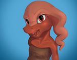  anthro beiuan big_ears blue_background bust_portrait child clothed clothing cute digital_media_(artwork) fangs female floppy_ears front_view happy long_nose looking_at_viewer multicolored_skin nyar open_mouth pink_skin portrait preteen red_eyes red_skin sharp_teeth shirt simple_background slim smile snout solo teeth tongue two_tone_skin young 