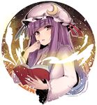  artist_name asa_(coco) blush book crescent crescent_hair_ornament dress eyebrows eyebrows_visible_through_hair hair_ornament hand_on_own_chin hat long_hair long_sleeves looking_at_viewer mob_cap open_book patchouli_knowledge purple_eyes purple_hair solo striped striped_dress touhou upper_body wide_sleeves 