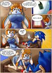  age_difference anthro blue_fur breasts brown_eyes brown_hair cleavage clothed clothing comic female fur green_eyes hair hedgehog lagomorph male mammal mature_female rabbit raianonzika sonic_(series) sonic_the_hedgehog towel vanilla_the_rabbit 