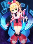  blonde_hair blush call_(mighty_no._9) closed_mouth fingerless_gloves gloves green_eyes hairband headset holographic_monitor holographic_touchscreen jacket knees_together_feet_apart legs_together long_hair long_sleeves looking_at_viewer mighty_no._9 open_clothes open_jacket pink_gloves ponytail red_skirt sitting skirt smile solo striped_sleeves technology z.o.b 