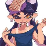  1girl alternate_costume aori_(splatoon) bare_shoulders black_hair breasts domino_mask earrings eyebrows fang food food_on_head hat honcha jewelry long_hair looking_at_viewer mask object_on_head one-piece_swimsuit one-piece_tan one_eye_closed open_mouth pointy_ears school_swimsuit simple_background small_breasts solo splatoon_(series) splatoon_1 strap_pull swimsuit symbol-shaped_pupils tan tanline tentacle_hair tentacles thick_eyebrows white_background 
