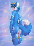  2016 absurd_res anthro bare_shoulders black_nose blue_fur blue_hair blush butt canine clothing female fox fur green_eyes hair hair_ornament hand_on_butt headband hi_res jewelry krystal looking_at_viewer looking_back mammal markings nintendo open_mouth pussy rear_view rysonanthrodog short_hair solo star_fox tattoo underwear video_games water white_fur 