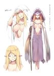  anklet bare_shoulders barefoot blonde_hair breasts center_opening character_sheet circlet cleavage cloak closed_eyes closed_mouth covered_eyes eyebrows eyebrows_visible_through_hair hair_between_eyes hand_up highres holding hood hooded_cloak hsuliherng jewelry large_breasts long_hair multiple_views navel necklace orange_eyes original pointy_ears shading_eyes sketch smile standing stomach tassel white_background yellow_eyes 