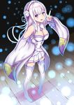  bad_id bad_pixiv_id breasts cleavage detached_sleeves emilia_(re:zero) hair_ornament hand_on_hip highres long_hair looking_at_viewer medium_breasts open_mouth pleated_skirt purple_eyes re:zero_kara_hajimeru_isekai_seikatsu silver_hair skirt solo thighhighs v white_legwear white_skirt xiaosan_ye zettai_ryouiki 