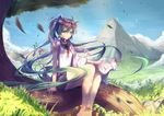  animal_ears black_skirt blue_eyes cat cat_ears closed_eyes collarbone green_hair hair_ornament hatsune_miku long_hair mountain outdoors pink_ribbon pleated_skirt ribbon school_uniform sitting skirt smile solo tree twintails vocaloid white_cat xiaosan_ye 