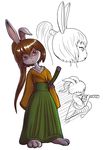  anthro barefoot beastbert brown_hair clothed clothing female frown hair japanese_clothing katana kimono lagomorph looking_at_viewer mammal melee_weapon model_sheet multiple_scenes ponytail rabbit red_eyes samurai solo sword weapon young 