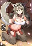  animal_ears belt blood cat cherry_blossoms green_eyes grey_footwear grey_pants highres kazenokaze lily_the_mechanic long_hair looking_at_viewer lost_pause navel nosebleed pants paw_pose shoes silver_hair tank_top tools 