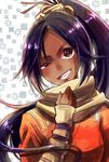  1girl armband bleach brown_eyes dark_skin female_only hair_ornament half-closed_eye high_ponytail long_hair orange_outfit patterned_background purple_hair scarf shihouin_yoruichi shoulder_pads smile tied_hair upper_body 